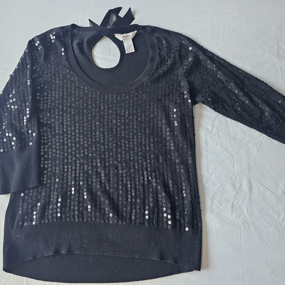 Candie's Elegant Black Sequin Top with Bow Accent